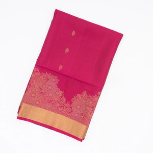 Pink Handloom Soft Silk Saree With Floral Buttas & Blue Pallu