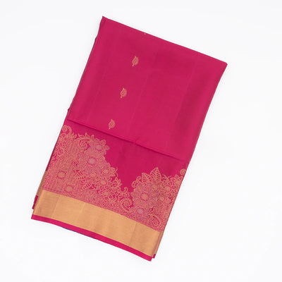 Pink Handloom Soft Silk Saree With Floral Buttas & Blue Pallu