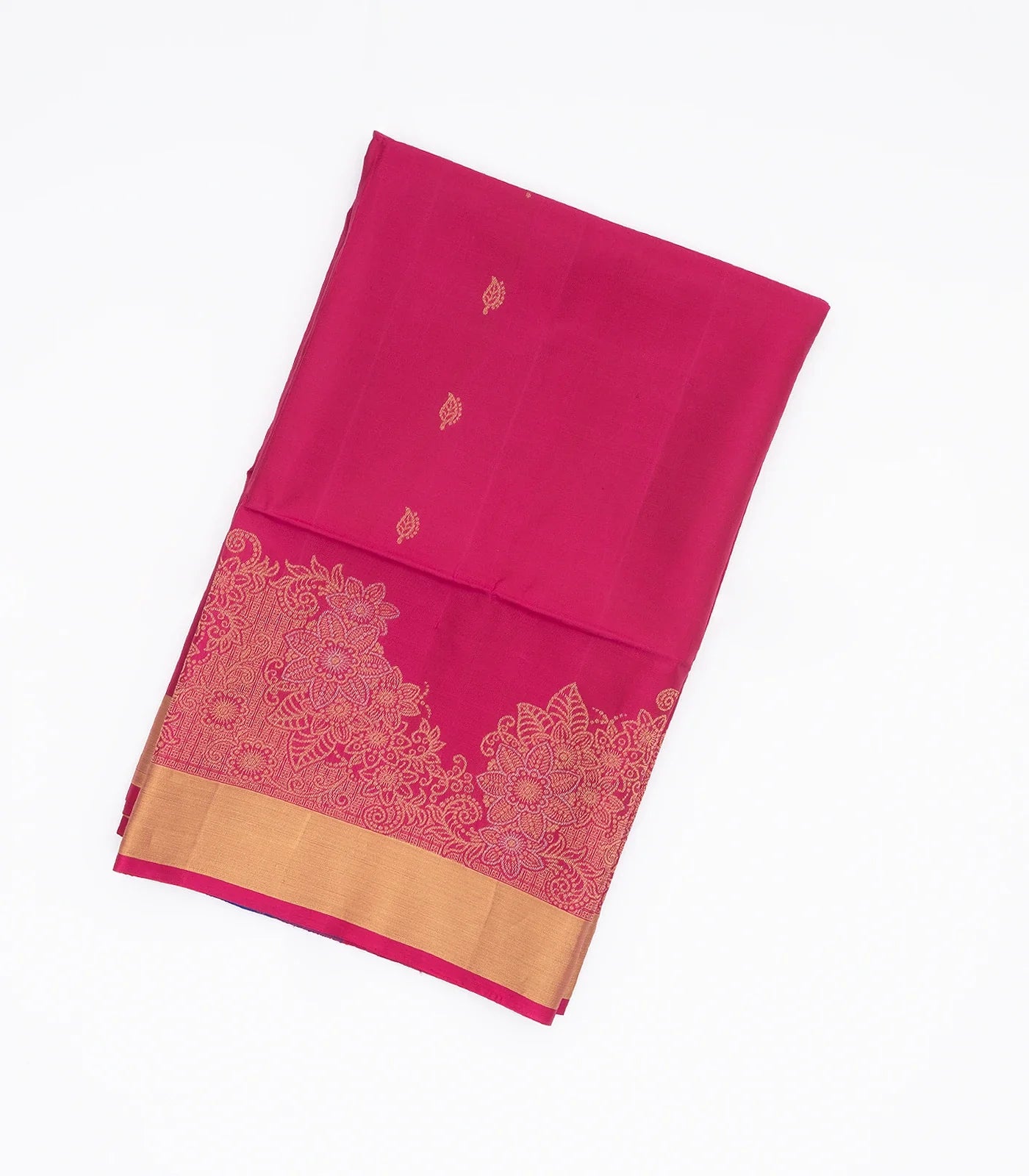 Pink Handloom Soft Silk Saree With Floral Buttas & Blue Pallu