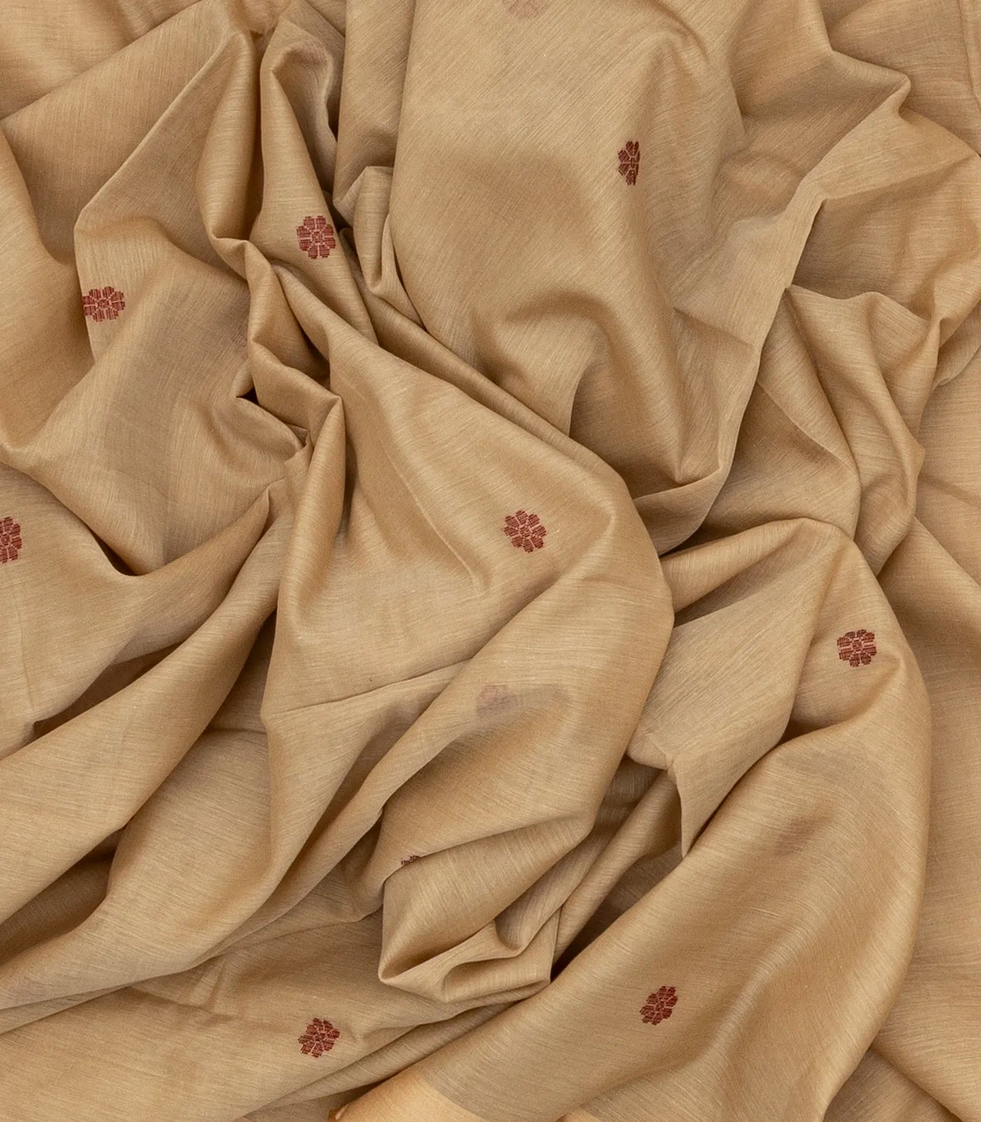 Beige Handloom Bengal Cotton Saree With Kamalam Buttas