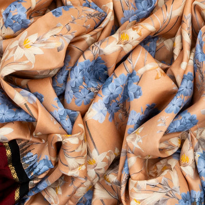 Light Peach Handloom Kanchipuram Korvai Silk Saree Printed With Floral Motifs