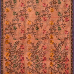 Peach Bengal Cotton Saree With Checks & Floral Motifs