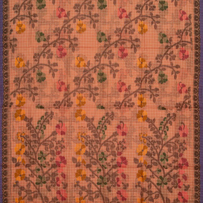 Peach Bengal Cotton Saree With Checks & Floral Motifs