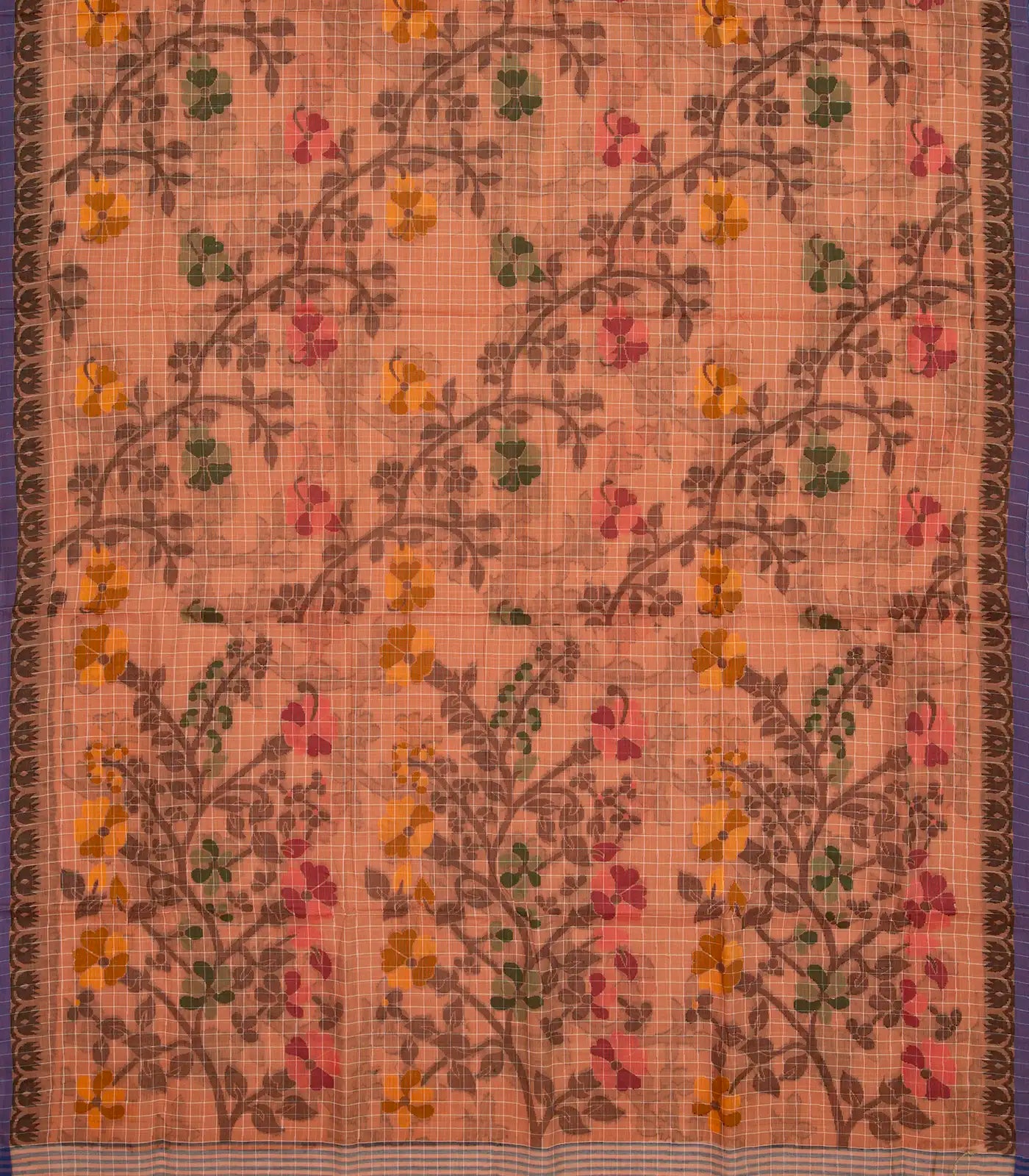Peach Bengal Cotton Saree With Checks & Floral Motifs