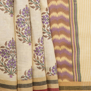 Cream Chanderi Saree With Screen Printed Motifs-Cream
