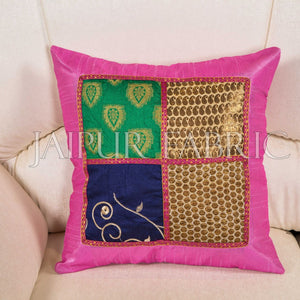 Multi Color Patch Work Gold Print with Pink Base Cushion Cover