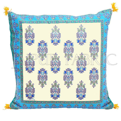 Cream Base with Cyan Border Rajasthani Kalash Design Cotton Cushion Cover