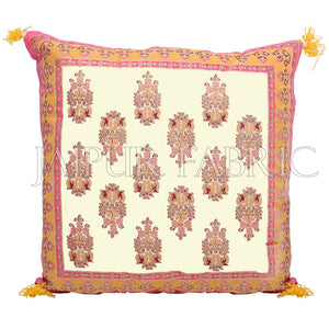 Cream Base with Orange Border Rajasthani Kalash Design Cotton Cushion Cover