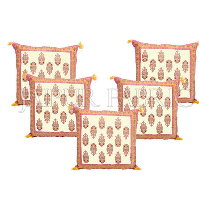 Cream Base with Orange Border Rajasthani Kalash Design Cotton Cushion Cover