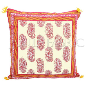Orange Border Keri Block Print Cotton Cushion Cover