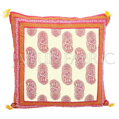 Orange Border Keri Block Print Cotton Cushion Cover