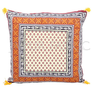Orange Jaipuri Block Golden Print Cotton Cushion Cover