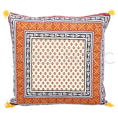 Orange Jaipuri Block Golden Print Cotton Cushion Cover