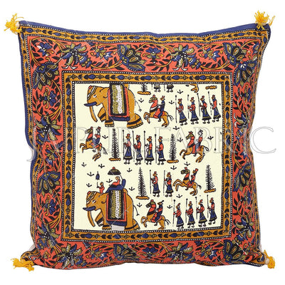 Cream Base Orange Border Rajasthani Barat Print Cotton Cushion cover