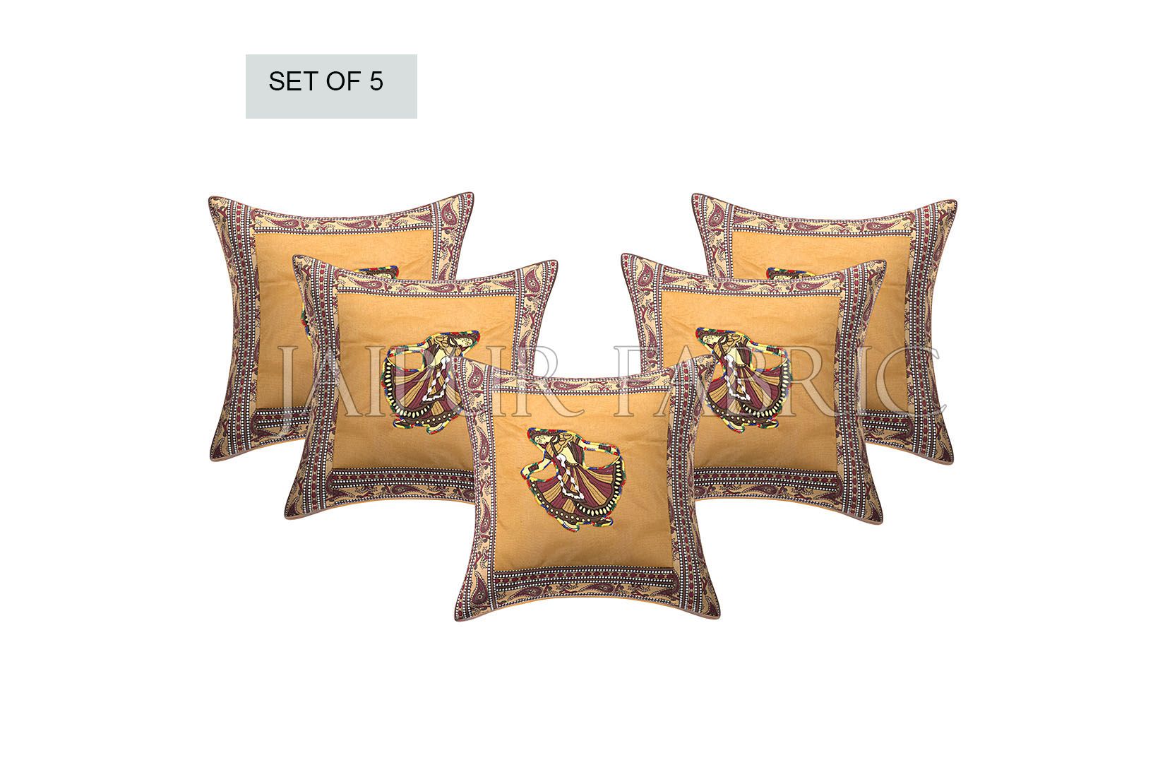 Brown Gujri Dance Design Patcgwork & Applique Cushion Cover