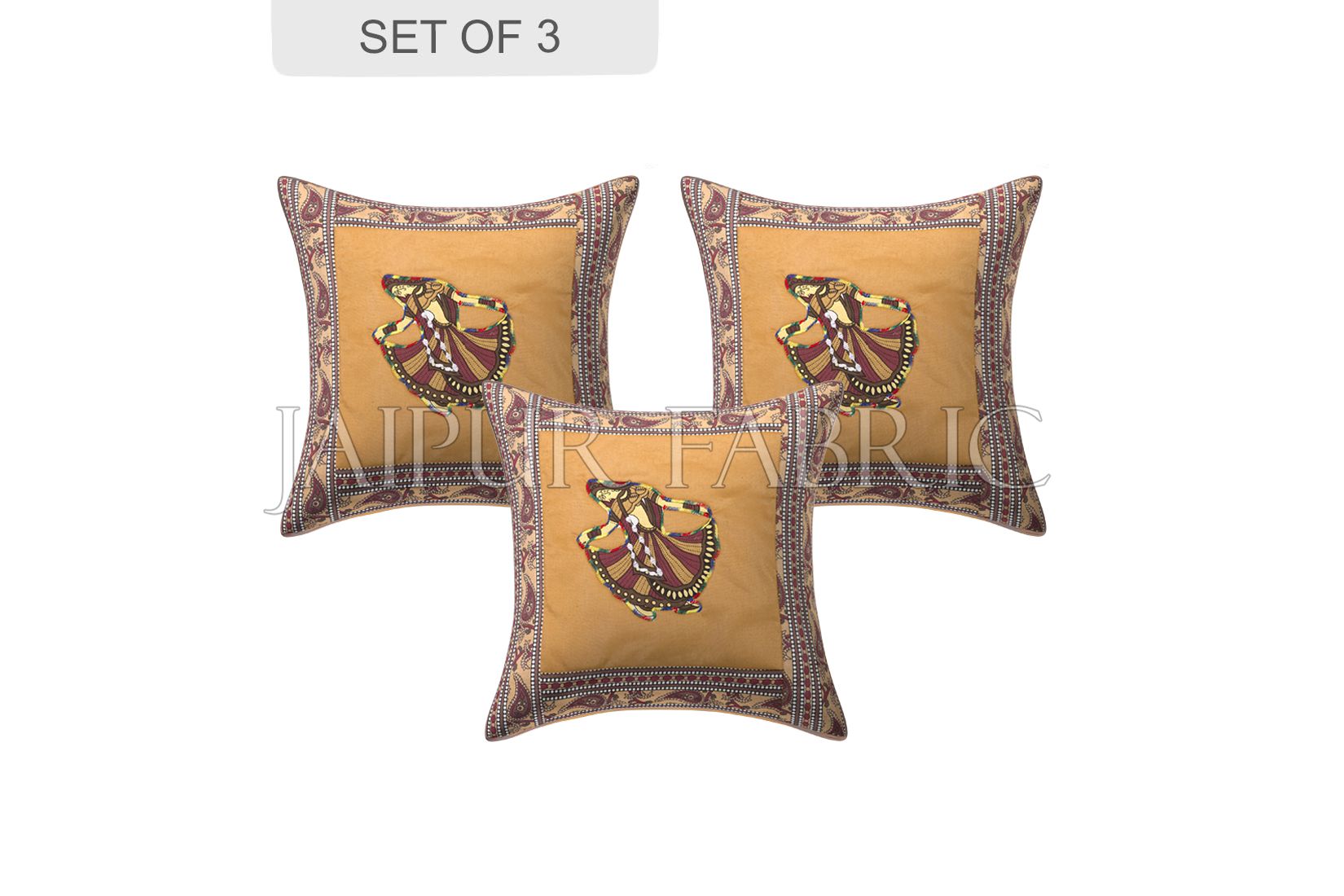 Brown Gujri Dance Design Patcgwork & Applique Cushion Cover