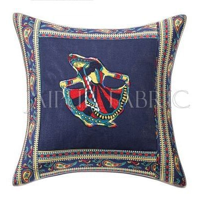 Blue Gujri Dance Design Patchwork & Applique Cushion Cover