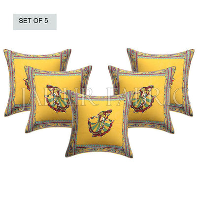 New Mustard Gujri Dance Design Patchwork & Applique Cushion Cover