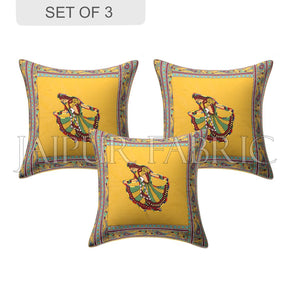 New Mustard Gujri Dance Design Patchwork & Applique Cushion Cover