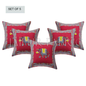 Maroon Elephant Design Patchwork & Applique Cushion Cover