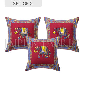 Maroon Elephant Design Patchwork & Applique Cushion Cover