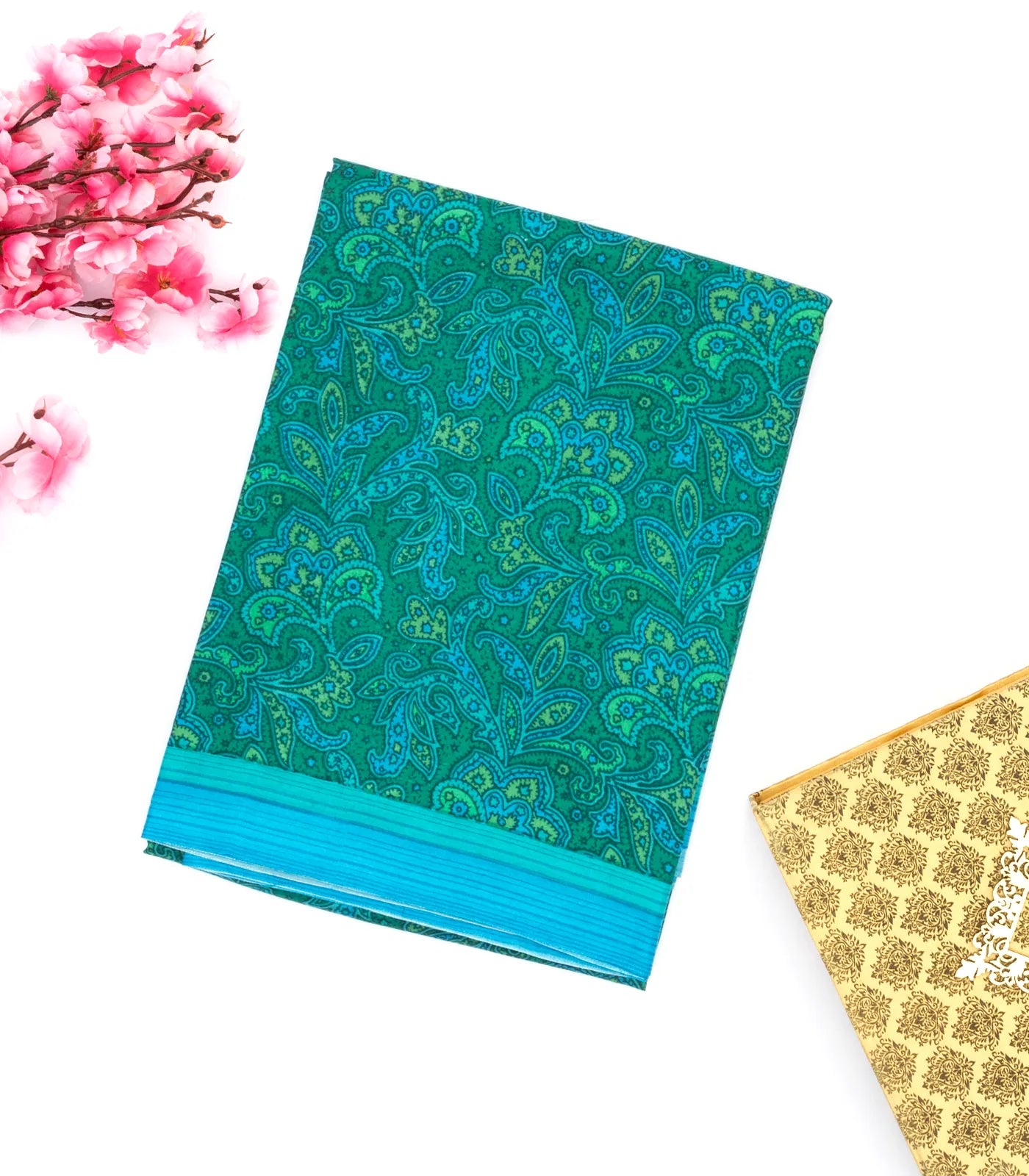 Sea Green Silk Saree Printed With Floral Vine Motifs