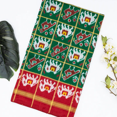 Green Handloom Ikat Silk Saree With Contrast Crimson Border