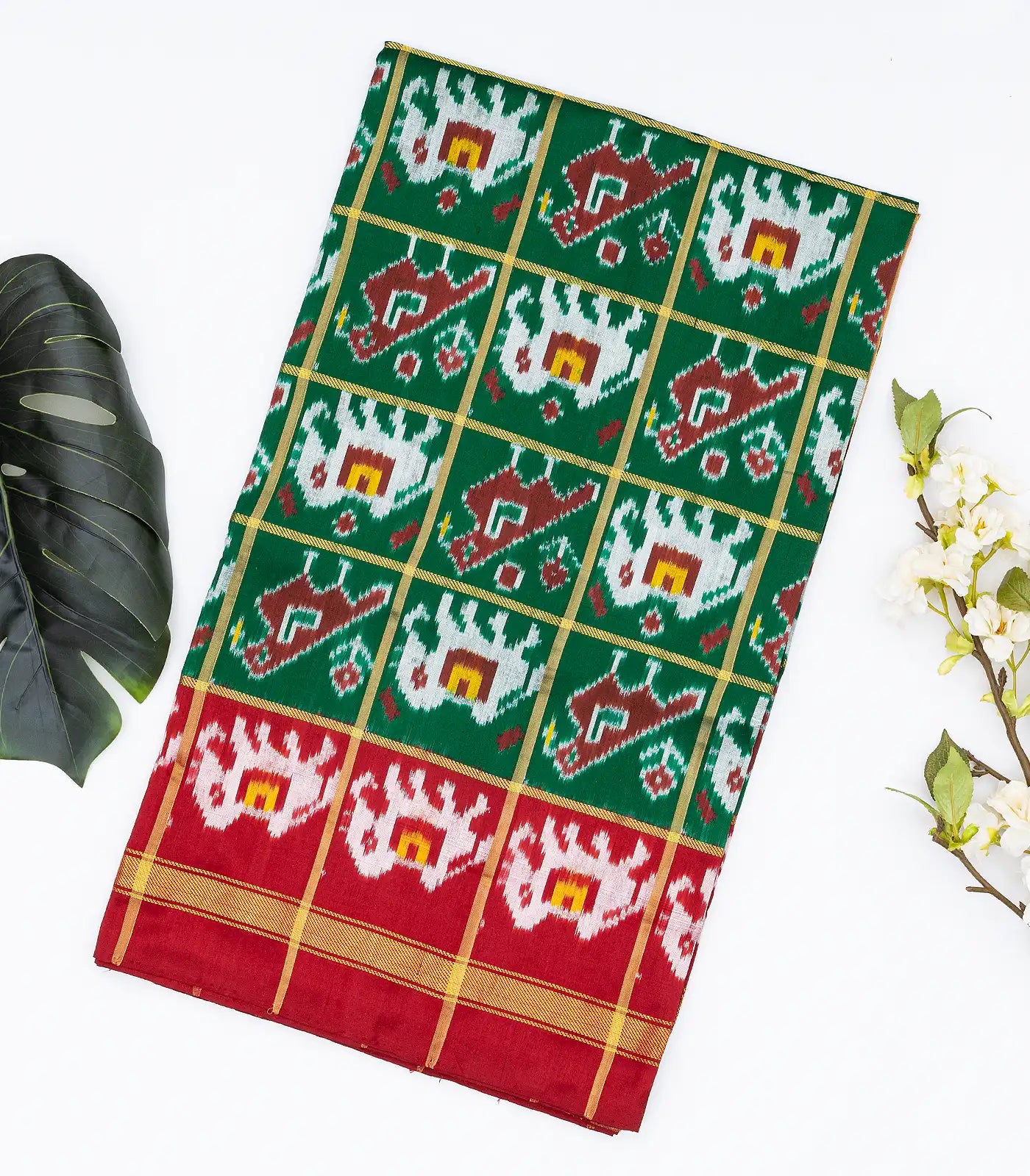 Green Handloom Ikat Silk Saree With Contrast Crimson Border