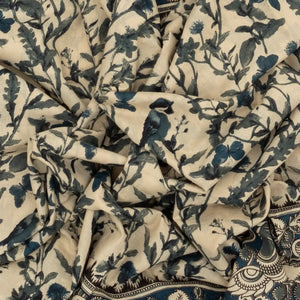 Cream Cotton Saree With Blue Kalamkari Print