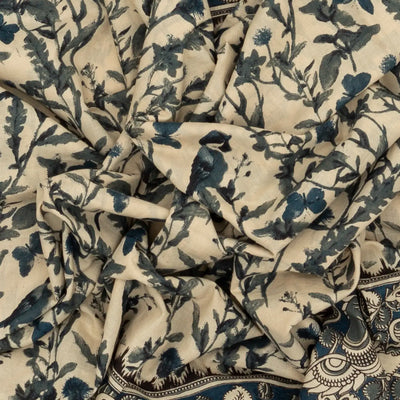 Cream Cotton Saree With Blue Kalamkari Print