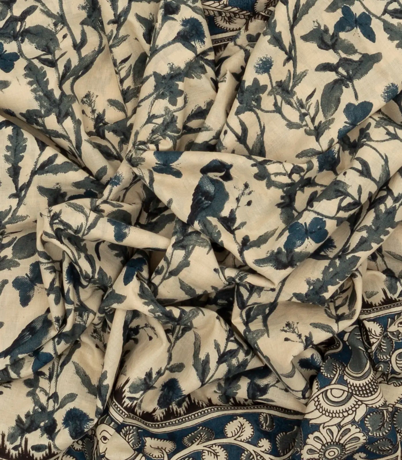 Cream Cotton Saree With Blue Kalamkari Print