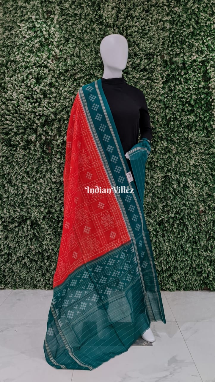 Orange Green Pasapali Theme Sambalpuri Ikat Cotton Dupatta