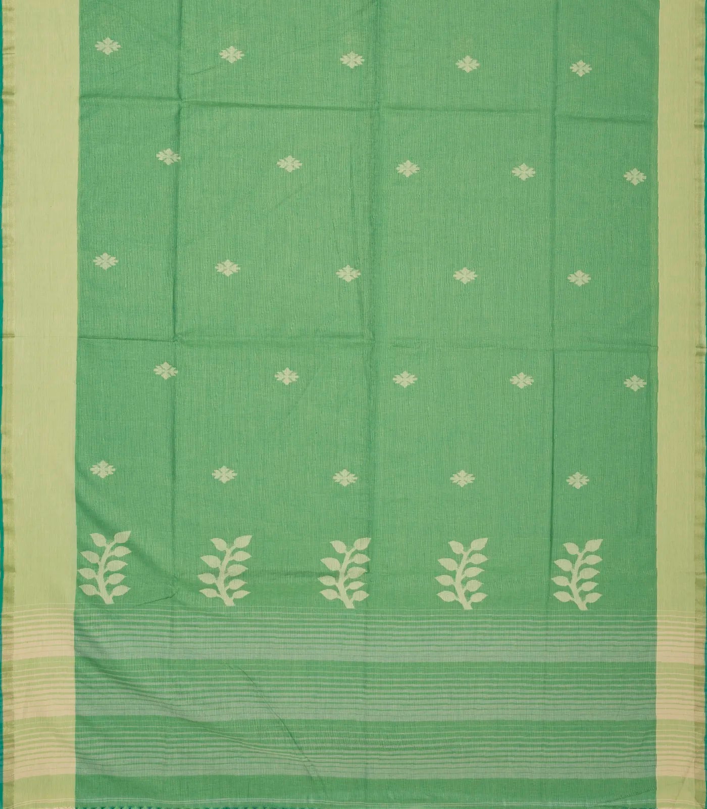 Pista Green Handloom Bengal Cotton Saree With Stripes & Buttas