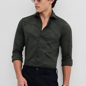 Dark Green Slim Fit Self-Design Shirt