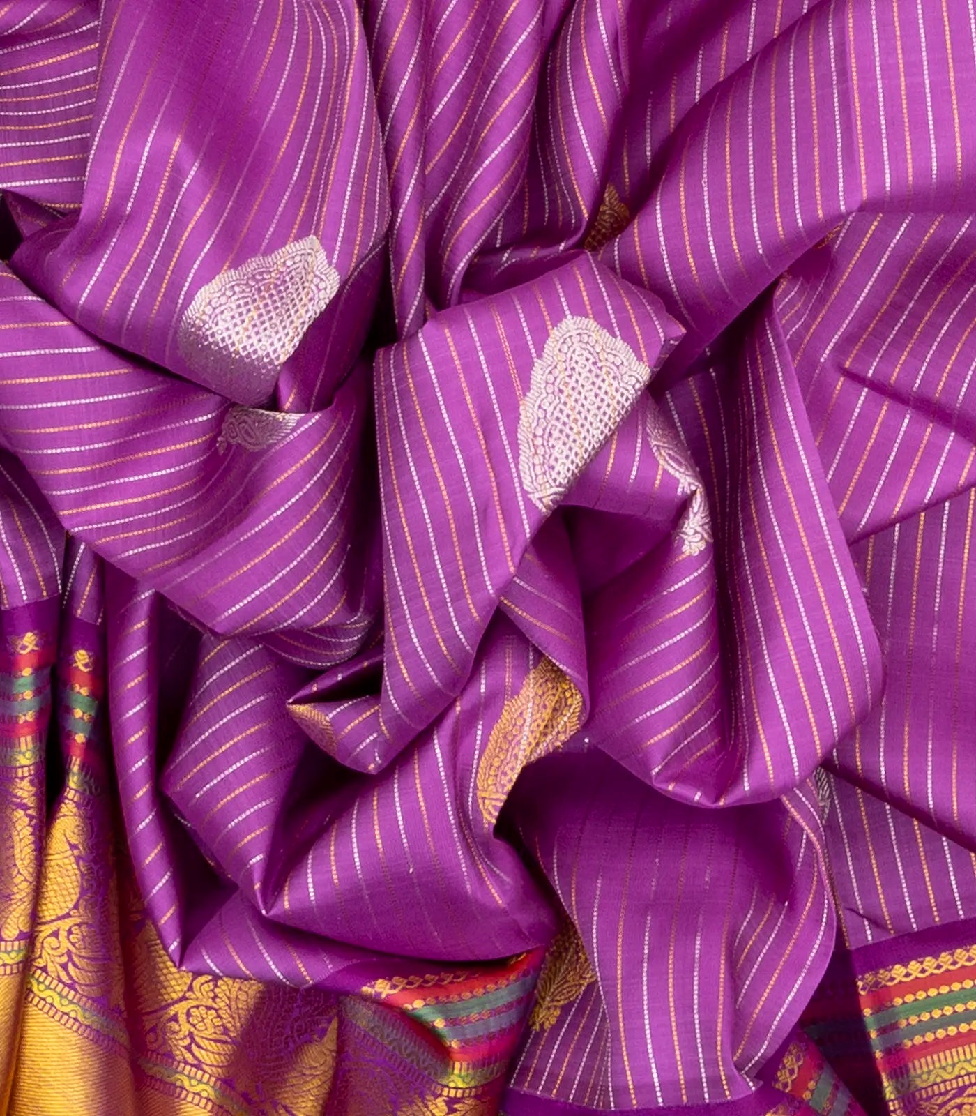 Lavender Handloom Kanchipuram Silk Saree With Stripes & Buttas