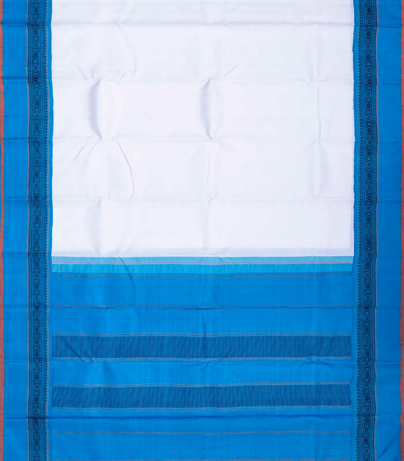 White Handloom Kanchipuram Korvai Silk Saree With Blue Border