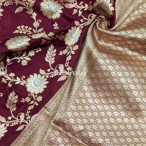 Wine Floral Motif Designer Banarasi Katan Silk Saree