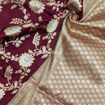 Wine Floral Motif Designer Banarasi Katan Silk Saree