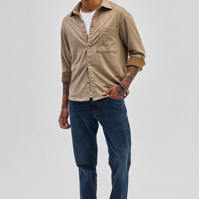 Beige Suede Snap Button Overshirt