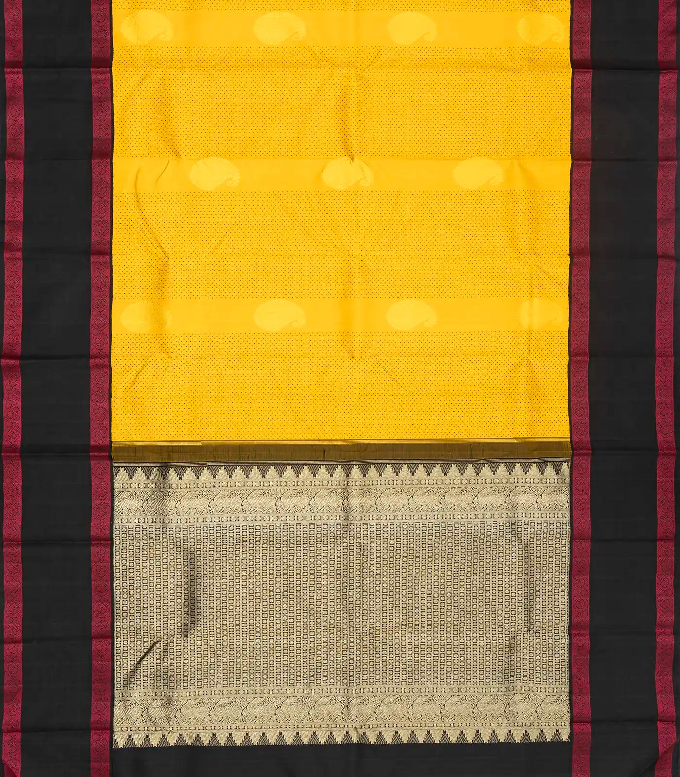 Mustard Handloom Kanchipuram Korvai Silk Saree With Mango Buttas