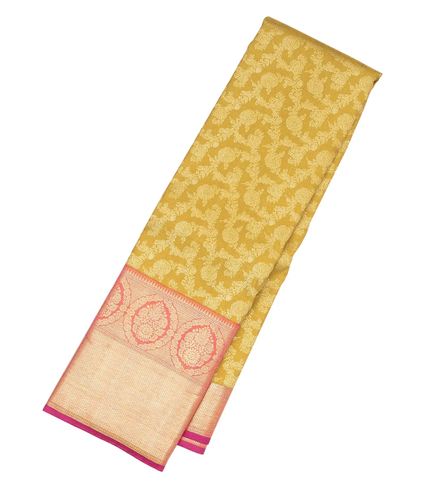 Mustard Handloom Kanchipuram Korvai Silk Saree With Floral Vine Motifs