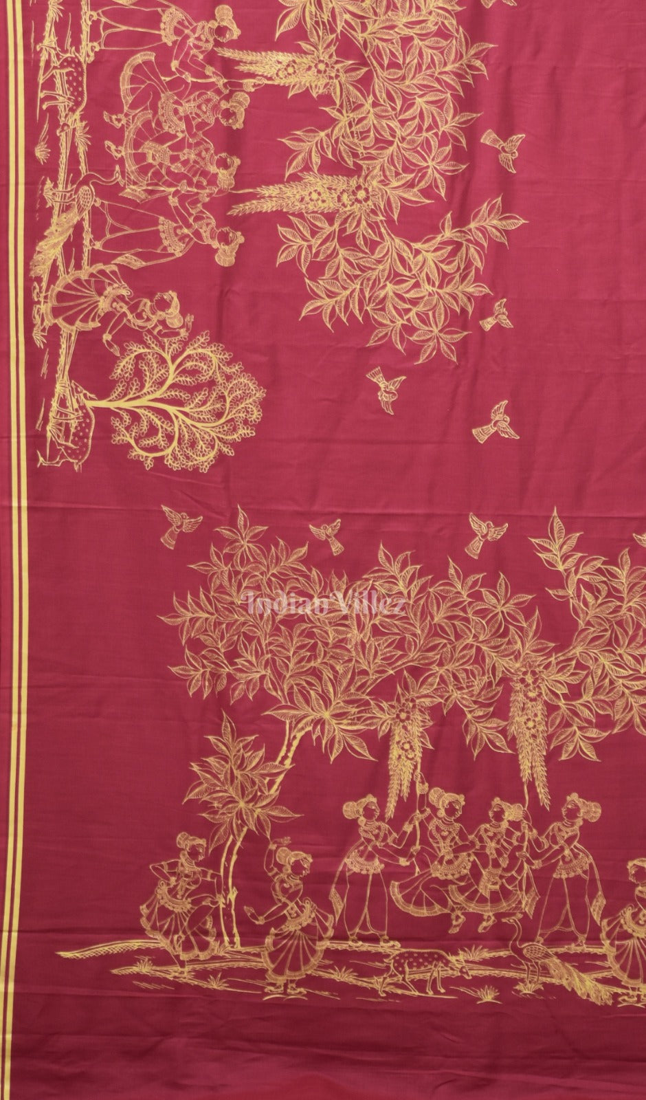 Cherry Red Single Line Raja Theme Pattachitra Saree