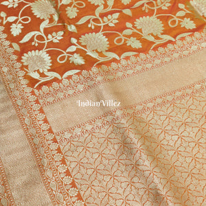 Orange Yellow Floral Motif Designer Katan Silk Banarasi Saree