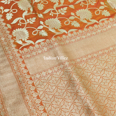 Orange Yellow Floral Motif Designer Katan Silk Banarasi Saree