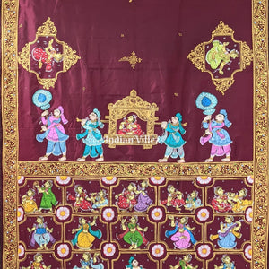 Maroon Doli Barat & Nartaki Theme Hand-Painted Pattachitra Saree