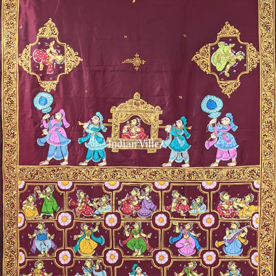 Maroon Doli Barat & Nartaki Theme Hand-Painted Pattachitra Saree