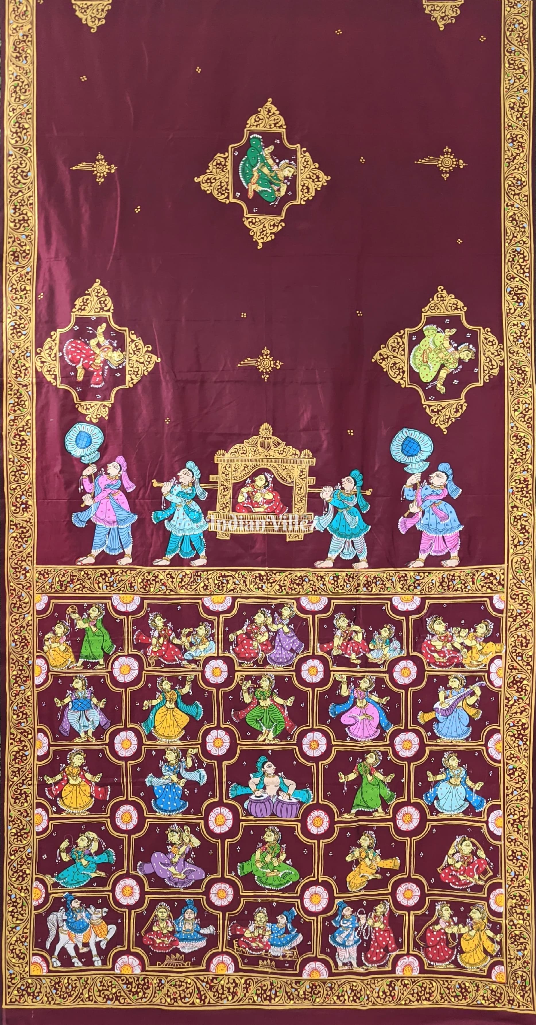 Maroon Doli Barat & Nartaki Theme Hand-Painted Pattachitra Saree