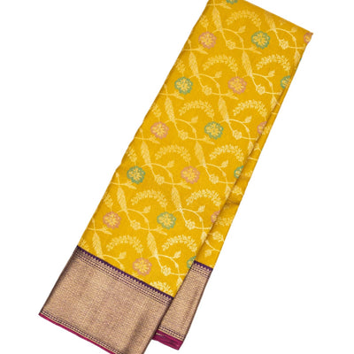 Mustard Handloom Kanchipuram Silk Saree With Meena Floral Motifs