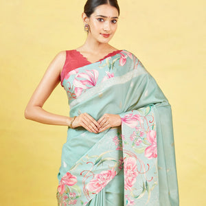 Aquamarine Handloom Tussar Silk Saree With Printed Border
