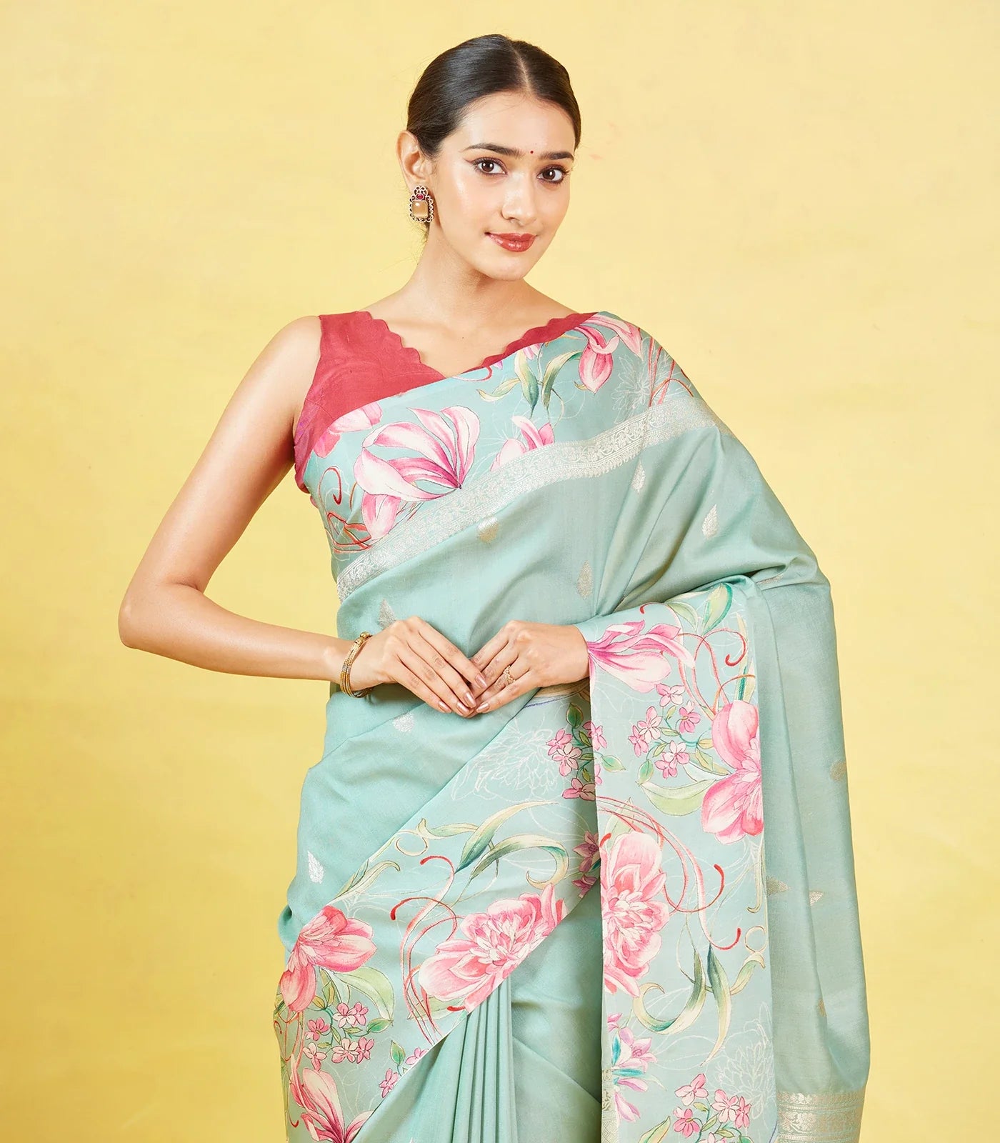 Aquamarine Handloom Tussar Silk Saree With Printed Border